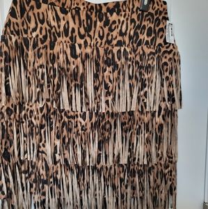 Chicos Leopard Print Fringed Skirt